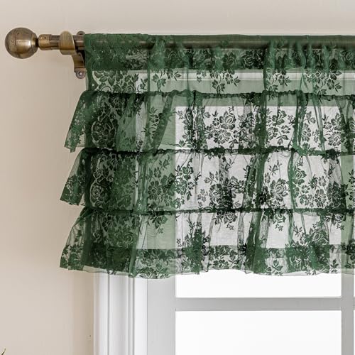 Kotile Emerald Green Lace Ruffle Valance for Windows W52 x L18 Inch 1 Panel | Rod Pocket, Textured Lace Shows Frills, Scatters Light, Vintage Floral, Jewel-Tone Decor Style, Short Top Volume, Privacy - color: Emerald Green - Ruffle Lace