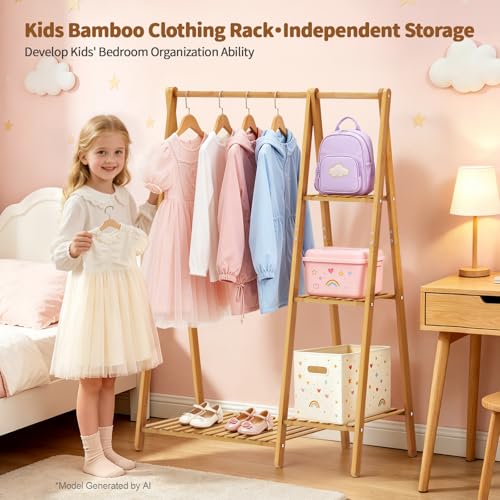 Small Clothes Racks,Kids Clothing Hanging Rack, Bamboo Garment Rack | Wood Corner Baby Chidren Toddler Nursey Clothes Hanger Rack Dress Costume Rack with 4 Shelves,Sturdy A Frame ,Portable