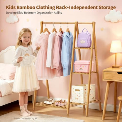 Small Clothes Racks,Kids Clothing Hanging Rack, Bamboo Garment Rack | Wood Corner Baby Chidren Toddler Nursey Clothes Hanger Rack Dress Costume Rack with 4 Shelves,Sturdy A Frame ,Portable