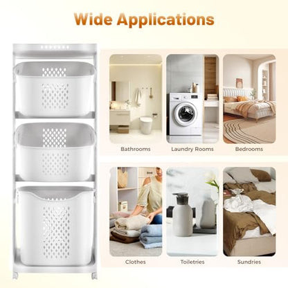 Rolling Laundry Hamper Storage Sorter, 3 Tier Rolling Laundry Hamper Cart White Laundry Baskets with Wheels for Kitchens Bathrooms Bedrooms Classrooms Laundry Rooms