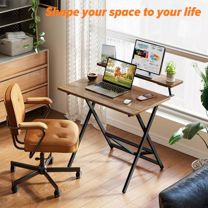 WOHOMO Folding Computer Desk with Monitor Stand, Adjustable Height, Walnut | Foldable Table Small Office Desk for Bedroom, Space Saving Desk for Home Office, Easy Assembly - color: Walnut