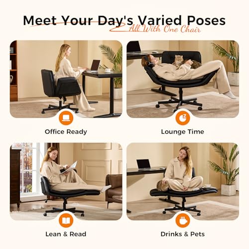 amseatec Criss Cross Office Chair, Swivel Makeup Vanity Chair with Wheels | Wide PU seat for cross-legged, fidget-friendly sitting; 5-level armrests create pet space; wipe-clean; cat scratch pad option - color: Black Linen