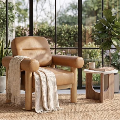 HNY 1-Pack Mid-Century Faux Leather Barrel Chair, Light Brown | Comfy Round Upholstered Armchair, Solid Wood Frame With Open Back, Lounge Side Club Chair for Living Room, Bedroom, Office - color: Light Brown, size: 1