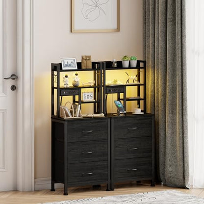 Black Nightstand with Bookshelf, Tall Bedside Table & Night Stand | 3 Fabric Drawers & LED Lights, 45.3" Bed Side & End table with Charging Station in Bedroom, Dorm, Metal Frame, Wood Shelves - color: Black Oak, size: 3 Drawer