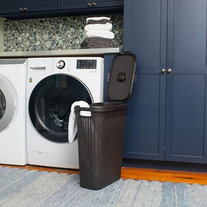 Mind Reader Slim Laundry Hamper with Lid, 40L Clothes Basket, Narrow Tapered Design with Ventilated Cutout Pattern, Plastic, Brown - color: Brown, size: Single