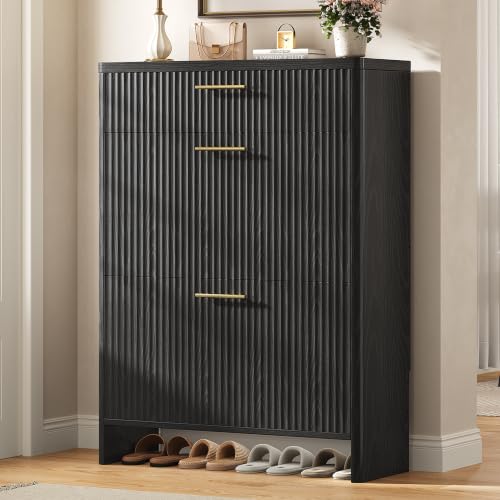 Fluted Shoe Storage Cabinet for Entryway, Narrow Wooden Shoe Cabinet with 2 Flip Drawers & Pull-Out Drawer, Modern Freestanding Slim Shoe Organizer Rack for Foyer/Hallway/Living Room, Black - color: Black