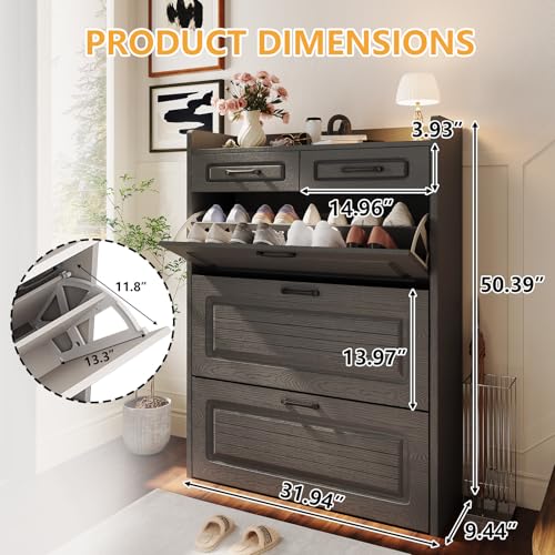 Lakifun Narrow Shoe Organizer Cabinet with 3 Large Flip Drawers & 2 Storage Drawers - Slim Shoe Storage for Entryway, Hallway, Bedroom, Apartment, Gray - color: Grey