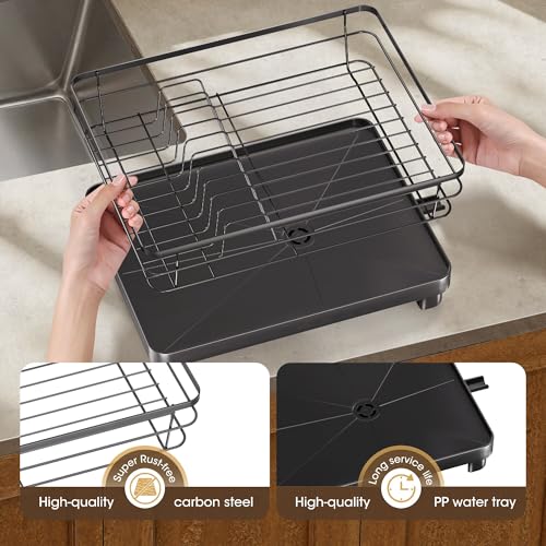 Runnatal Dish Drying Rack with Drainboard for Kitchen Counter and Sink | Large Dish Rack Rustproof Dish Drainer with Detachable 2-in-1 Utensil Holder, Extra Cup Holder, Black - color: Black, size: Standard