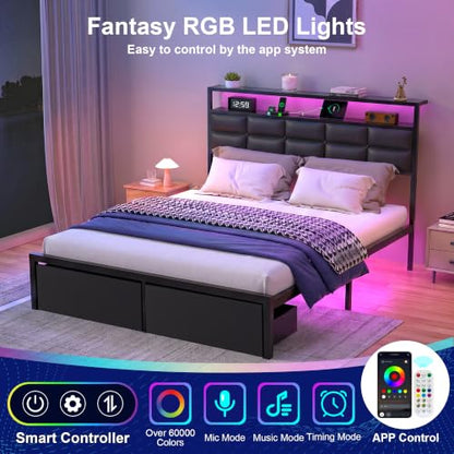 Full Bed Frame with 2 Storage Drawers, LED Lights & Charging Station, Upholstered Headboard with Shelves, Heavy Duty Metal Platform, No Box Spring Needed, Noise Free, Easy Assembly - size: Full