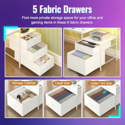 63" Computer Desk with Drawers, Storage Shelves and Printer Stand | White Gaming Desk with Monitor Stand and LED Lights, Reversible Home Office Desk with Printer Shelf - color: White