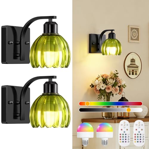 Battery Operated Wall Sconce Set of Two, Black Bedside Wall Mounted Lamps with Green Tulip Glass Shade, Vintage Dimmable Bathroom Sconces Wall Lighting for Mirror Bedroom Living Room - color: Black