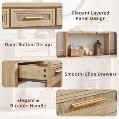 RWYHG 47" Entryway Table with 3 Drawers, Boho Rattan Console Table, Natural | Layered Drawer Front Design , Open Bottom Storage, Farmhouse Behind Couch Table, Entry Table for Living Room Hallway& Foyer - color: Rattan