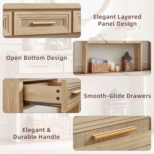 RWYHG 47" Entryway Table with 3 Drawers, Boho Rattan Console Table, Natural | Layered Drawer Front Design , Open Bottom Storage, Farmhouse Behind Couch Table, Entry Table for Living Room Hallway& Foyer - color: Rattan