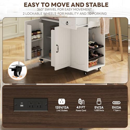 LIKIMIO 51" Mobile Kitchen Island with Drop Leaf & Power Outlet, Kitchen Rolling Island with Storage Cabinets & Drawers, Kitchen Island Cart with Glass Holder & Wine Rack for Dining Room, White