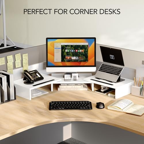 AMERIERGO Dual Monitor Stand Riser- 3 Shelf Screen Stand with Adjustable Length and Angle, 2 Extra Functional Slot Desktop Organizer Stand for PC, Computer, Laptop (White) - color: White