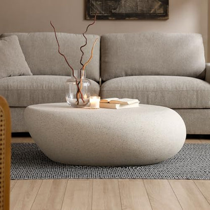 Fiberglass Coffee Table,Faux Stone Finish Indoor Outdoor Weatherproof Accent Table (43.31'') - color: 43.31'' Cream White