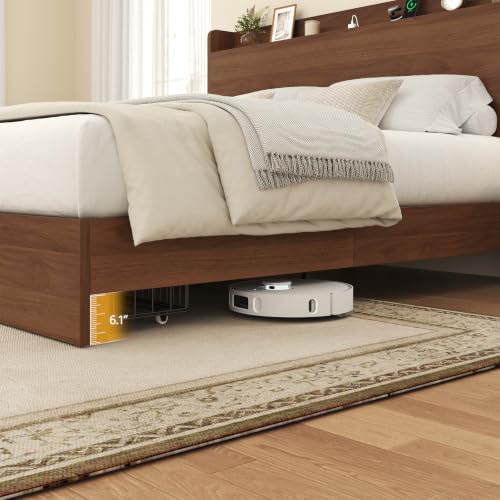 Full Size Bed Frame with Storage Headboard & 2 Drawers, Mid-Century Modern Platform Bed with Charging Station & Shelf, Wooden Slat Support, No Box Spring Needed(Full) - size: Full