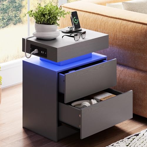 LIKIMIO Nightstand with Charging Station LED Light and 2 Drawers Grey | charging station; LED light; 2 smooth glide drawers; 13.8 D x 18.9 W x 23.6 H in; Grey wood grain - color: Grey