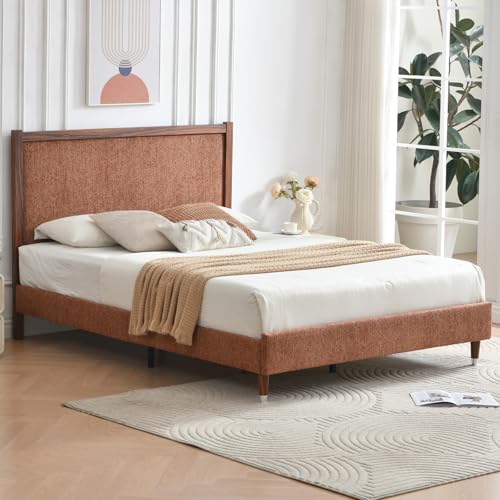 YUHUASHI Queen Upholstered Platform Bed Frame with Solid Wood Trim Headboard, Linen Fabric Upholstery, Sturdy Slat Support No Box Spring Needed, Easy Assembly (OCHER, Queen (U.S. Standard)) - color: Ocher, size: Queen (U.S. Standard)