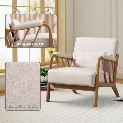 IOMOR Mid Century Modern Accent Chair with Solid Wood Frame Linen Fabric, Upholstered Living Room Chairs with Lumbar Cushion Padded Arms, Reading Armchair for Bedroom (1, Warm Beige) - color: Warm Beige
