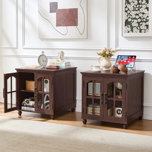 RWYHG Farmhouse 24" End Table Set 2 with Charger, Glass Barn Door, Walnut | USB Ports, Solid Wood Legs, Adjustable Storage Shelf, Square Bedside Table for Living Room,Bedroom - color: Red Brown, size: Set 2