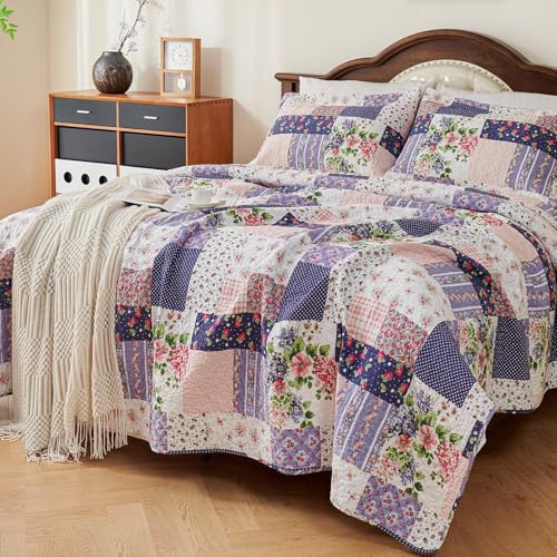 EVENHUG 100% Cotton Quilt Set Queen Size Floral Patchwork Bedding Sets with Pillow Shams Breathable Lightweight Bedspreads Coverlet for All Season 3 Piece (92"x96") - color: Purple, size: Queen