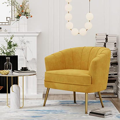 Velvet Accent Chair, Barrel Armchair, Yellow | Velvet Upholstery, Golden Metal Legs, Comfy Barrel Back, Modern Style, Living Room Bedroom Office - color: Yellow, size: 1 Chair