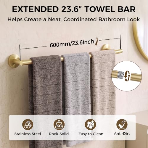 5 Piece 23.6 Inch Brushed Gold Bathroom Hardware Accessories Set | Stainless Steel Bath Extended Towel Bar, Toilet Paper Holder with Shelf, Round Towel Ring Wall Mounted, Towel Hooks
