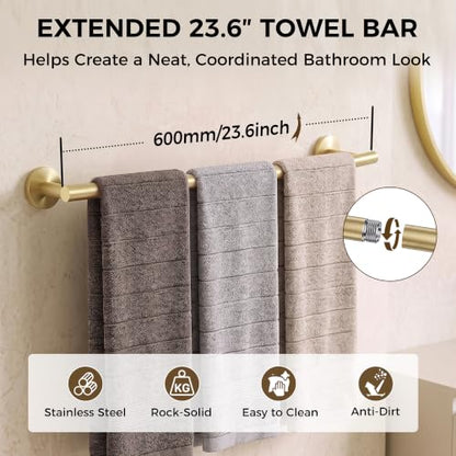 5 Piece 23.6 Inch Brushed Gold Bathroom Hardware Accessories Set | Stainless Steel Bath Extended Towel Bar, Toilet Paper Holder with Shelf, Round Towel Ring Wall Mounted, Towel Hooks