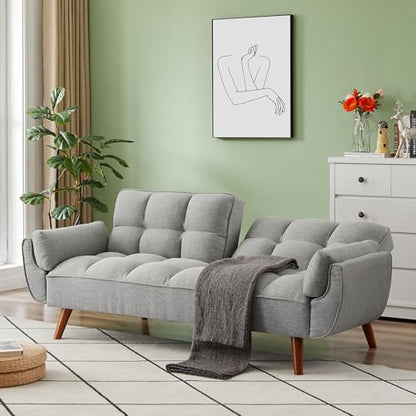 Futon Sofa Bed Modern Convertible Sleeper Sofa, 75” Linen Twin Size Futon Couch Comfy Recliner Sofa Couch with Adjustable Split Backrest for Living Room Small Spaces, Grey - color: Grey