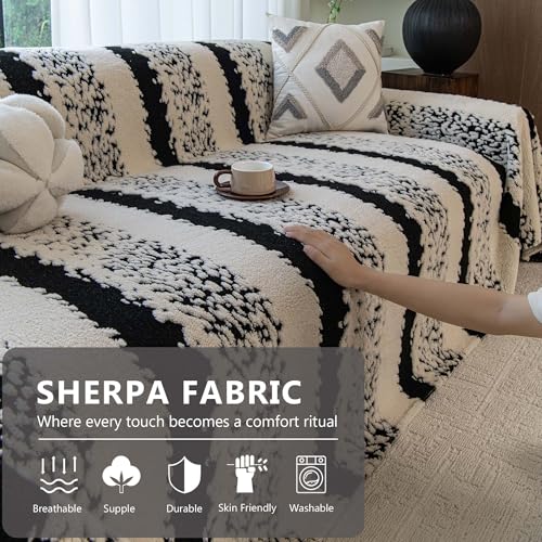 Sherpa Fleece Couch Cover for 2 Cushion Sofa, Black, 71" x 118" – Pet Proof Sofa Covers, Heavy Duty, Scratch Resistant, Pet Friendly Furniture Cover – Easy Install, Machine Washable - color: Stripe 3 Black, size: 71" x 118"
