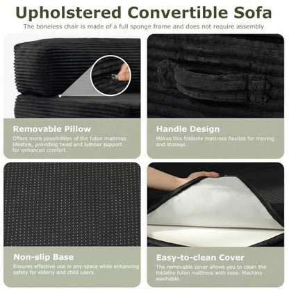 5-in-1 Convertible Sofa Bed, Boneless Loveseat with Removable Cushions & Washable Cover, Futon Sofa Bed with Handle, Pull Out Couch for Small Spaces, King Size, Black - color: Black, size: King Size-83''L*76''W