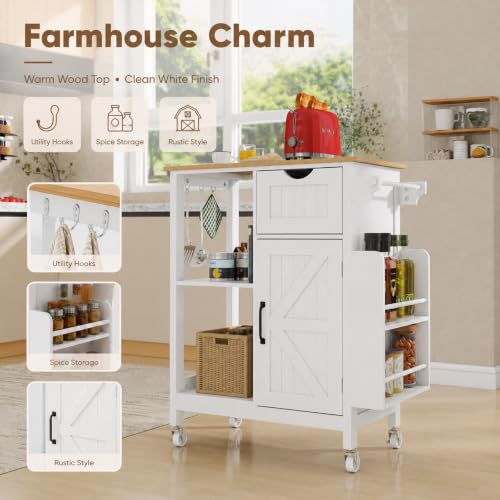 Small Kitchen Island Cart with Storage Cabinet | Rolling Microwave Table with Adjustable Shelf, Spice Rack, Towel Rack, Drawer, Portable for Kitchen Dining Room Home Bar