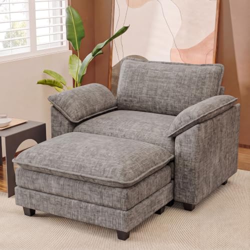 JUMMICO 40" Chaise Lounge Chair with Ottoman, Single Sofa Chair, Light Grey | Comfy Chenille, Double Layer Cushion, Wide Armrest, Deep Seat, High-Density Foam, Reading Chair for Living Room - color: Light Grey, size: Single Sofa Chair
