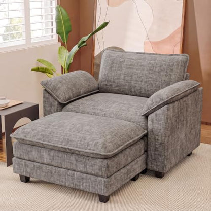 JUMMICO 40" Chaise Lounge Chair with Ottoman, Single Sofa Chair, Light Grey | Comfy Chenille, Double Layer Cushion, Wide Armrest, Deep Seat, High-Density Foam, Reading Chair for Living Room - color: Light Grey, size: Single Sofa Chair