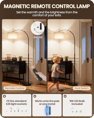 75" Arc Floor Lamp with Marble Base and Adjustable Height, Rotating Hanging Shade, Dimmable Floor Lamp for Living Room with Remote and Foot Switch, 3CCT, Over Couch Arched Light, White Shade W15LD05 - color: Black + White