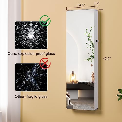 HNEBC Over the Door Jewelry Organizer with LED Lights, 47.2" Full Length Mirror with Storage, Wall Mounted Jewelry Armoire, Hanging Mirror with 2 Drawers,Lokable,3 Shelves-White - color: B-White