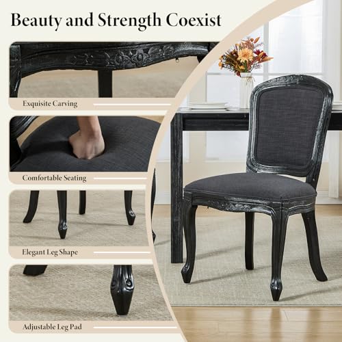 Kmax French Dining Chairs Set of 2, Farbric Upholstered Dining Chairs with Elegant Curved Legs High Back Armless Kitchen Chairs Side Chairs for Dining Room Restaurant - Linen, Charcoal/Black Legs - color: Fan-back/Charcoal Seat/Black Leg, size: 2 Chairs