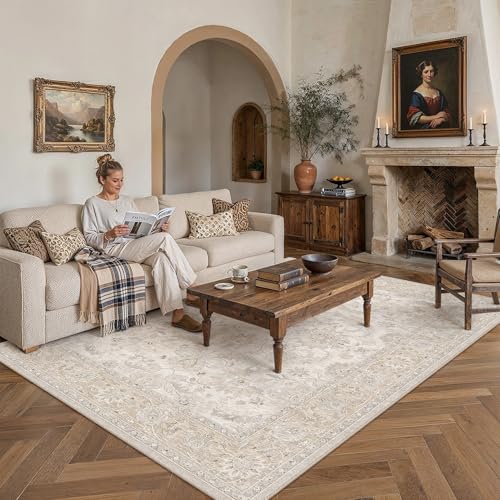 9x12 Beige Neutral Large Area Rug | Washable, Non Slip, Low Pile, Soft, Vintage, Distressed, Floral, Farmhouse, for Living room Bedroom Dining Room Office - color: Beige, size: 9' x 12' (Rectangular)