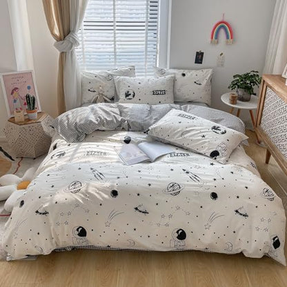 Space Duvet Cover Set Queen 100percent Cotton Cartoon Astronaut Rocket Full/Queen (90 in x 90 in) - color: Happy Universe, size: Full/Queen (90 in x 90 in)