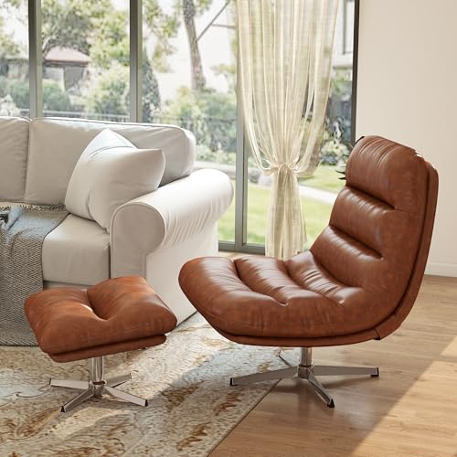 Modern Swivel Accent Chairs with Ottoman Set of 2, PU Leather Oversized Armless Reading Chairs with Footrest, 33'' Wide Upholstered Lounge Chairs with Footstool for Living Room Bedroom Comfy, Brown - size: 2 SET