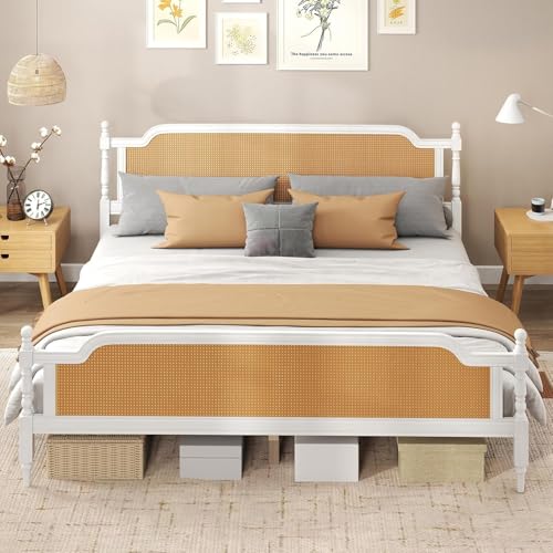 Full Size Bed Frame with Natural Rattan Headboard and Footboard, Solid Pine Wood Platform Bed, Mid Century Bohemian Style, No Box Spring Needed, White+Walnut