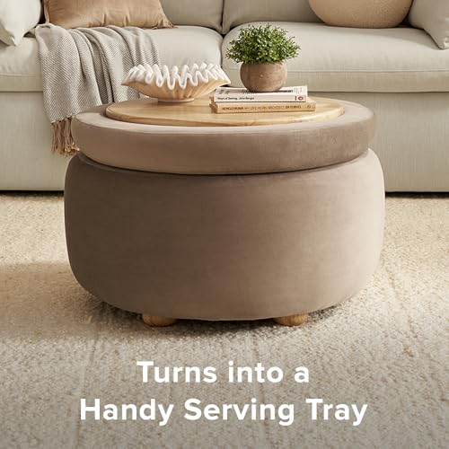 mopio Luna Round Ottoman with Storage and Tray, Round Coffee Table with Storage, Upholstered Foot Stools Ottoman for Living Room, Bedroom, with Solid Rubberwood Legs (Mocha Brown Premium Velvet) - color: Brown Velvet, Round