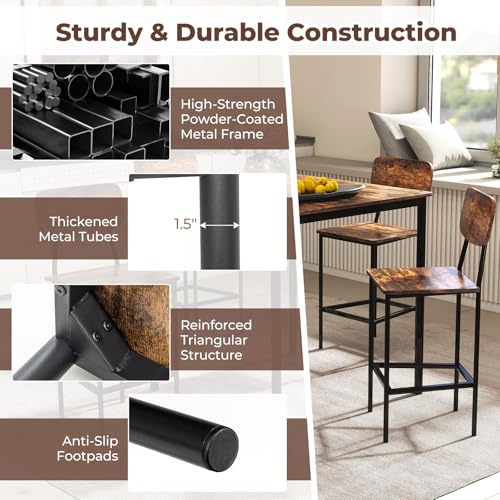 NAFORT Dining Table Set with Counter Height Table & 4 Bar Stools, 5-Piece Bar Table and Chairs with Footrest & Back Support, Space-Saving Dinette Set for Pub, Kitchen &Dining Room, Restaurant - color: Rustic Brown