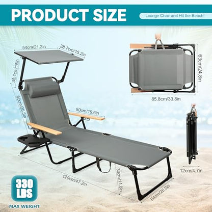 Beach Lounge Chair with Sun Shade, Folding Outdoor Chaise Lounge Chair with Arms, 4-Position Backrest, Extended Sun Tanning Chair Pillow & Cup Holder, Patio Lounger for Outside for Beach Pool(Gray-U) - color: Gray-u