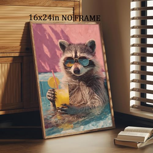 Oiyehokeul Animal Drinking Wall Art Funky Animal Posters Raccoon in Bathtub Wall Art Whimsical Artwork Trendy Aesthetic Pictures Raccoon Bathroom Poster Preppy Pink Cocktail Print 16x24in Frameless - color: G1Unframed