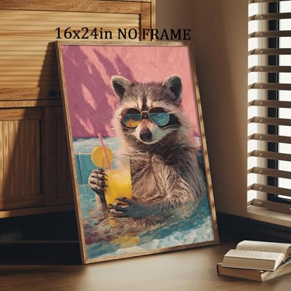 Oiyehokeul Animal Drinking Wall Art Funky Animal Posters Raccoon in Bathtub Wall Art Whimsical Artwork Trendy Aesthetic Pictures Raccoon Bathroom Poster Preppy Pink Cocktail Print 16x24in Frameless - color: G1Unframed