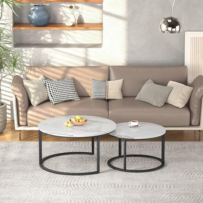 WiberWi Round Coffee Table Nesting Tables Set of 2, Large : Ø 33.5", Small : Ø 25.7", Modern Design Coffee Tables for Living Room, Metal Frame Circle Cocktail Table, High Glossy Faux White Marble - color: White Top&black Frame