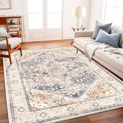 CHAMPLANT Washable Area Rug 8'x10' Blue Khaki Retro Boho Design Non-Shedding Non-Slip Easy Care Ideal for High Traffic Areas in Living Room Bedroom Office Coffee Table Kitchen Large Carpet - color: Blue Khaki, size: 8' x 10' (Rectangular)