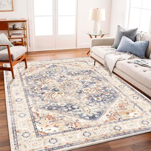 CHAMPLANT Washable Area Rug 8'x10' Blue Khaki Retro Boho Design Non-Shedding Non-Slip Easy Care Ideal for High Traffic Areas in Living Room Bedroom Office Coffee Table Kitchen Large Carpet - color: Blue Khaki, size: 8' x 10' (Rectangular)